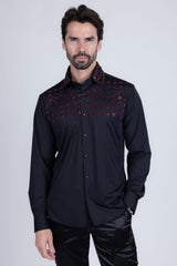 Barabas Wholesale Men's Rhinestones Button Down Long Sleeve Shirts 4BR412 Black Red