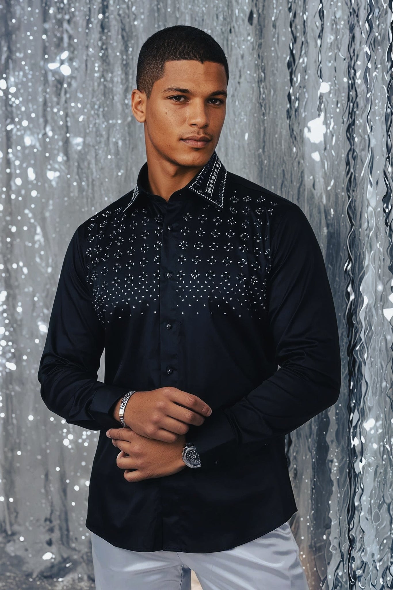 Barabas Wholesale Men's Rhinestones Button Down Long Sleeve Shirts 4BR412 Silver