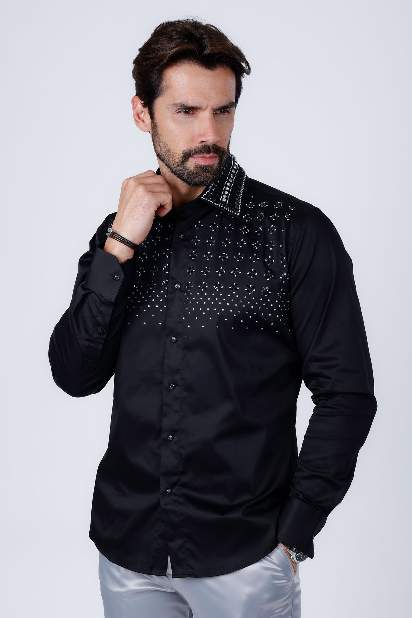 Barabas Wholesale Men's Rhinestones Button Down Long Sleeve Shirts 4BR412 Black Silver