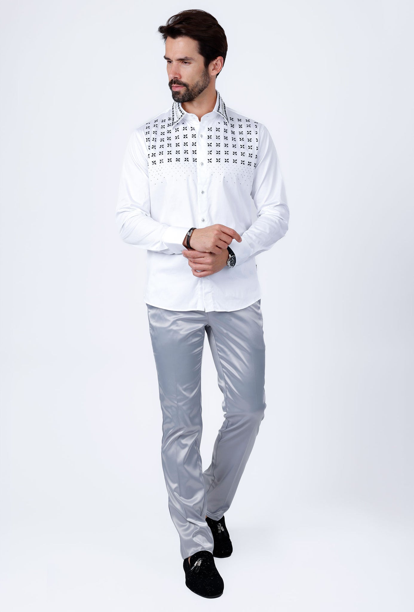 Barabas Wholesale Men's Rhinestones Button Down Long Sleeve Shirts 4BR412 White Silver