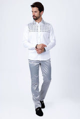 Barabas Wholesale Men's Rhinestones Button Down Long Sleeve Shirts 4BR412 White Black Silver