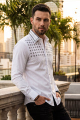 Barabas Wholesale Men's Rhinestones Button Down Long Sleeve Shirts 4BR412 White Black Silver 