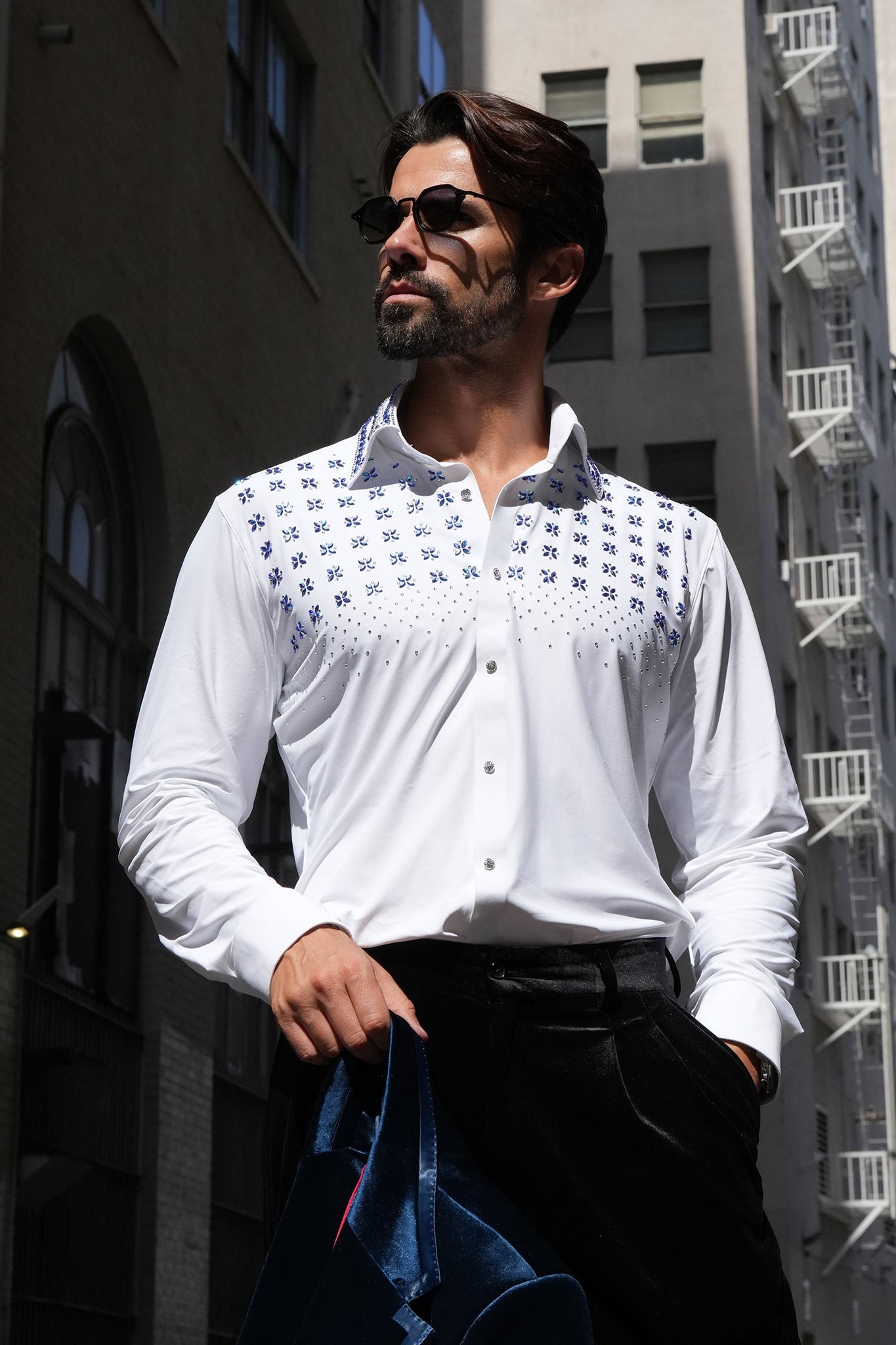 Barabas Wholesale Men's Rhinestones Button Down Long Sleeve Shirts 4BR412 White Blue