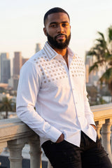 Barabas Wholesale Men's Rhinestones Button Down Long Sleeve Shirts 4BR412 White Gold