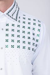 Barabas Wholesale Men's Rhinestones Button Down Long Sleeve Shirts 4BR412 White Green