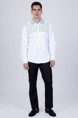 Barabas Wholesale Men's Rhinestones Button Down Long Sleeve Shirts 4BR412 White Green