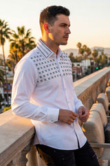 Barabas Wholesale Men's Rhinestones Button Down Long Sleeve Shirts 4BR412 White Green