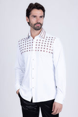 Barabas Wholesale Men's Rhinestones Button Down Long Sleeve Shirts 4BR412 White Red