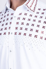 Barabas Wholesale Men's Rhinestones Button Down Long Sleeve Shirts 4BR412 White Red