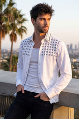 Barabas Wholesale Men's Rhinestones Button Down Long Sleeve Shirts 4BR412 White Silver
