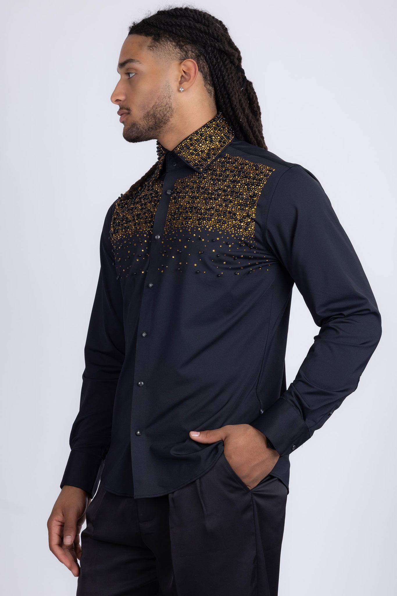 Barabas Wholesale Men's Rhinestones Pearls Button Down Long Sleeve Shirts 4BR413 Black Gold