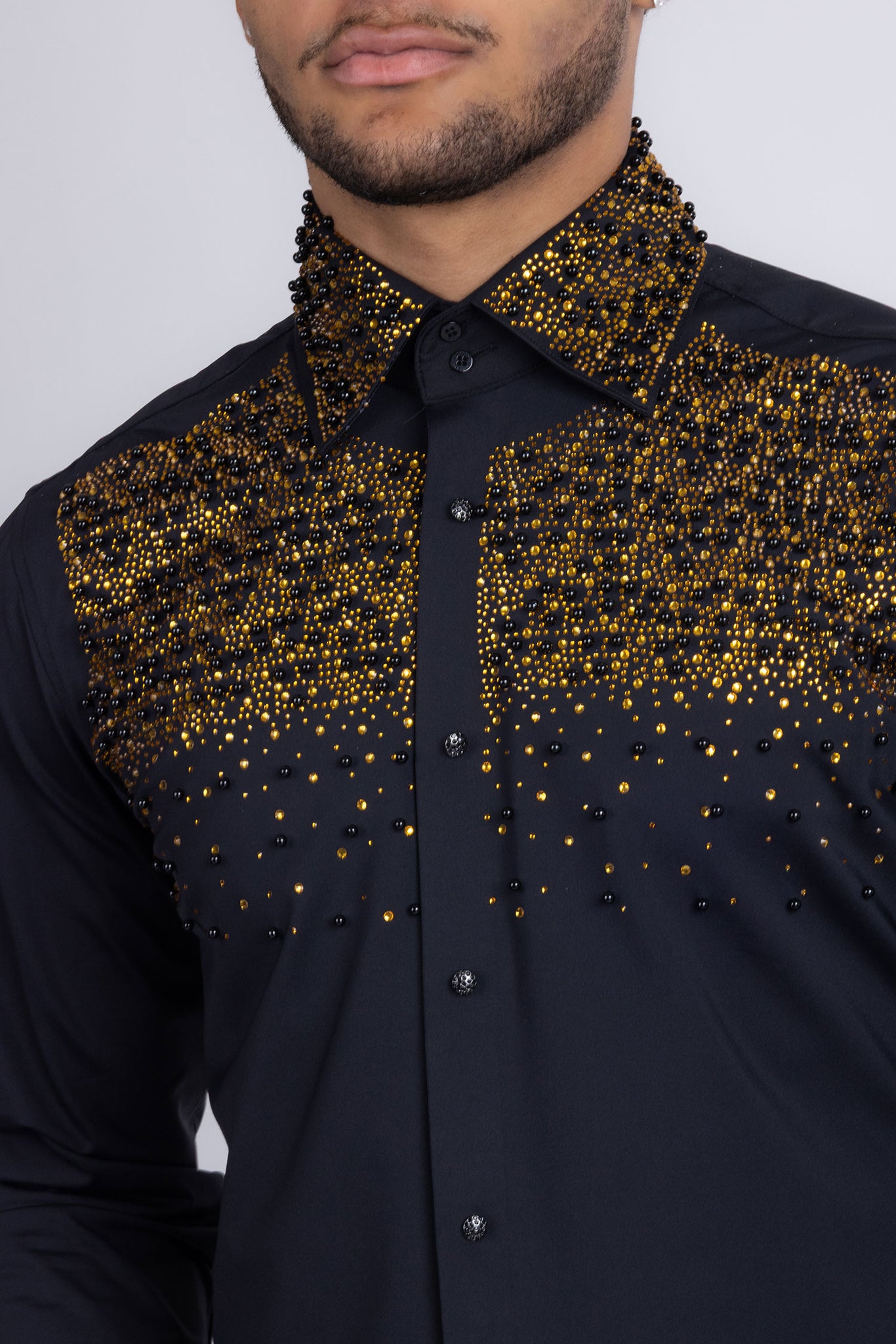 Barabas Wholesale Men's Rhinestones Pearls Button Down Long Sleeve Shirts 4BR413 Black Gold
