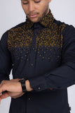 Barabas Wholesale Men's Rhinestones Pearls Button Down Long Sleeve Shirts 4BR413 Black Gold