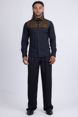 Barabas Wholesale Men's Rhinestones Pearls Button Down Long Sleeve Shirts 4BR413 Black Gold