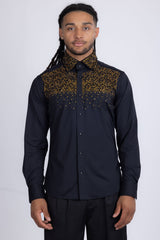 Barabas Wholesale Men's Rhinestones Pearls Button Down Long Sleeve Shirts 4BR413 Black Gold