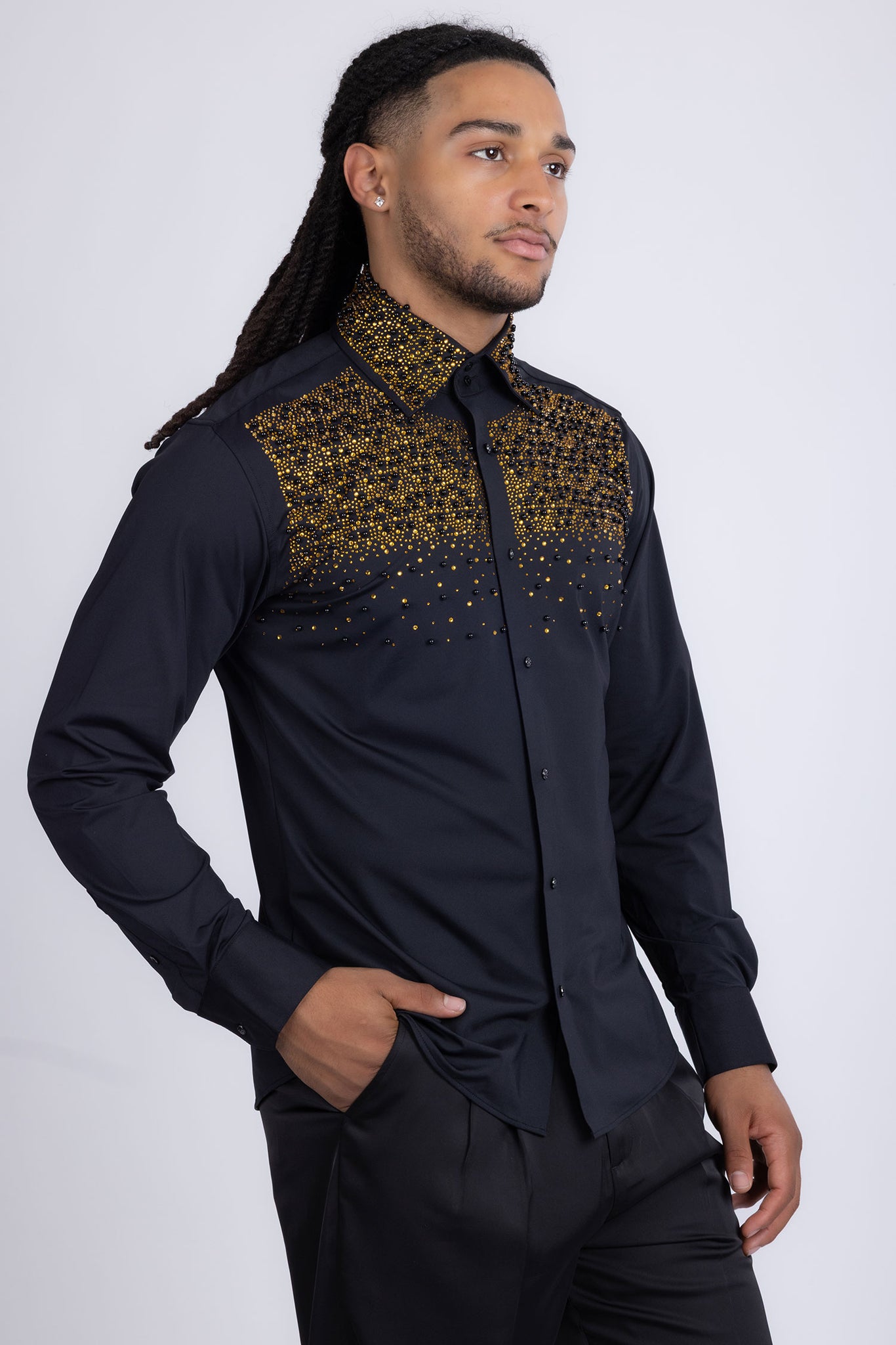 Barabas Wholesale Men's Rhinestones Pearls Button Down Long Sleeve Shirts 4BR413 Black Gold