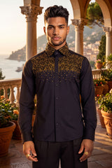 Barabas Wholesale Men's Rhinestones Pearls Button Down Long Sleeve Shirts 4BR413 Black Gold
