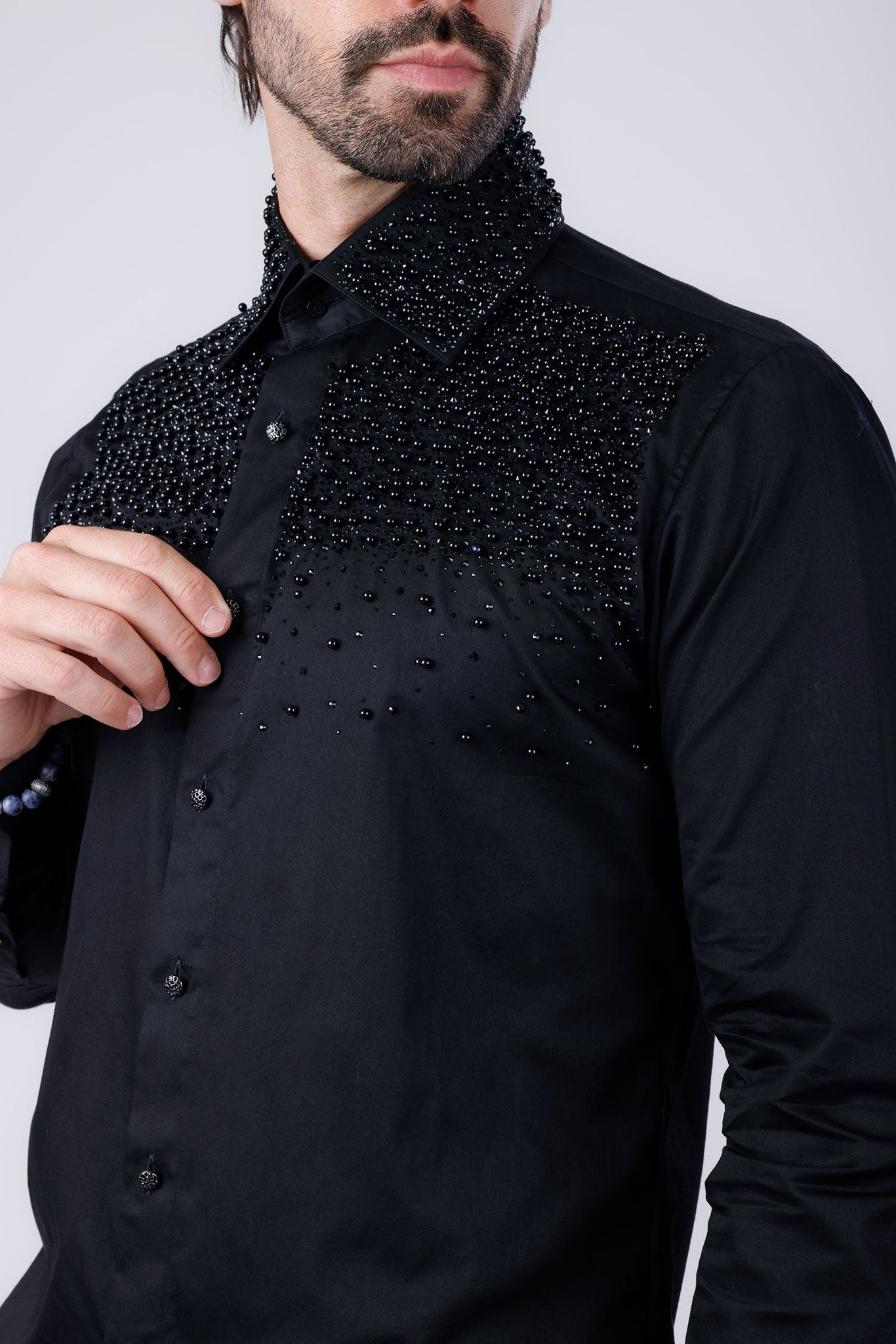 Barabas Wholesale Men's Rhinestones Pearls Button Down Long Sleeve Shirts 4BR413 Black 