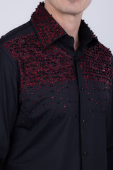 Barabas Wholesale Men's Rhinestones Pearls Button Down Long Sleeve Shirts 4BR413 Black Red