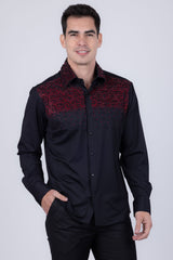 Barabas Wholesale Men's Rhinestones Pearls Button Down Long Sleeve Shirts 4BR413 Black Red