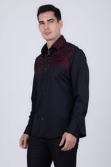Barabas Wholesale Men's Rhinestones Pearls Button Down Long Sleeve Shirts 4BR413 Black Red
