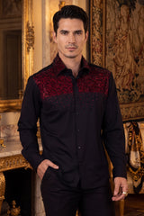 Barabas Wholesale Men's Rhinestones Pearls Button Down Long Sleeve Shirts 4BR413 Black Red