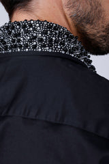 Barabas Wholesale Men's Rhinestones Pearls Button Down Long Sleeve Shirts 4BR413 Black Silver