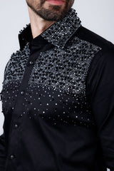 Barabas Wholesale Men's Rhinestones Pearls Button Down Long Sleeve Shirts 4BR413 Black Silver