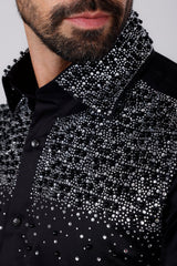Barabas Wholesale Men's Rhinestones Pearls Button Down Long Sleeve Shirts 4BR413 Silver