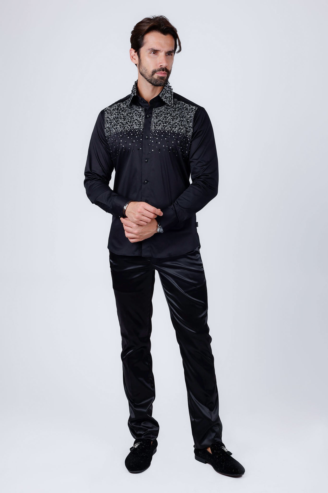 Barabas Wholesale Men's Rhinestones Pearls Button Down Long Sleeve Shirts 4BR413 Black Silver