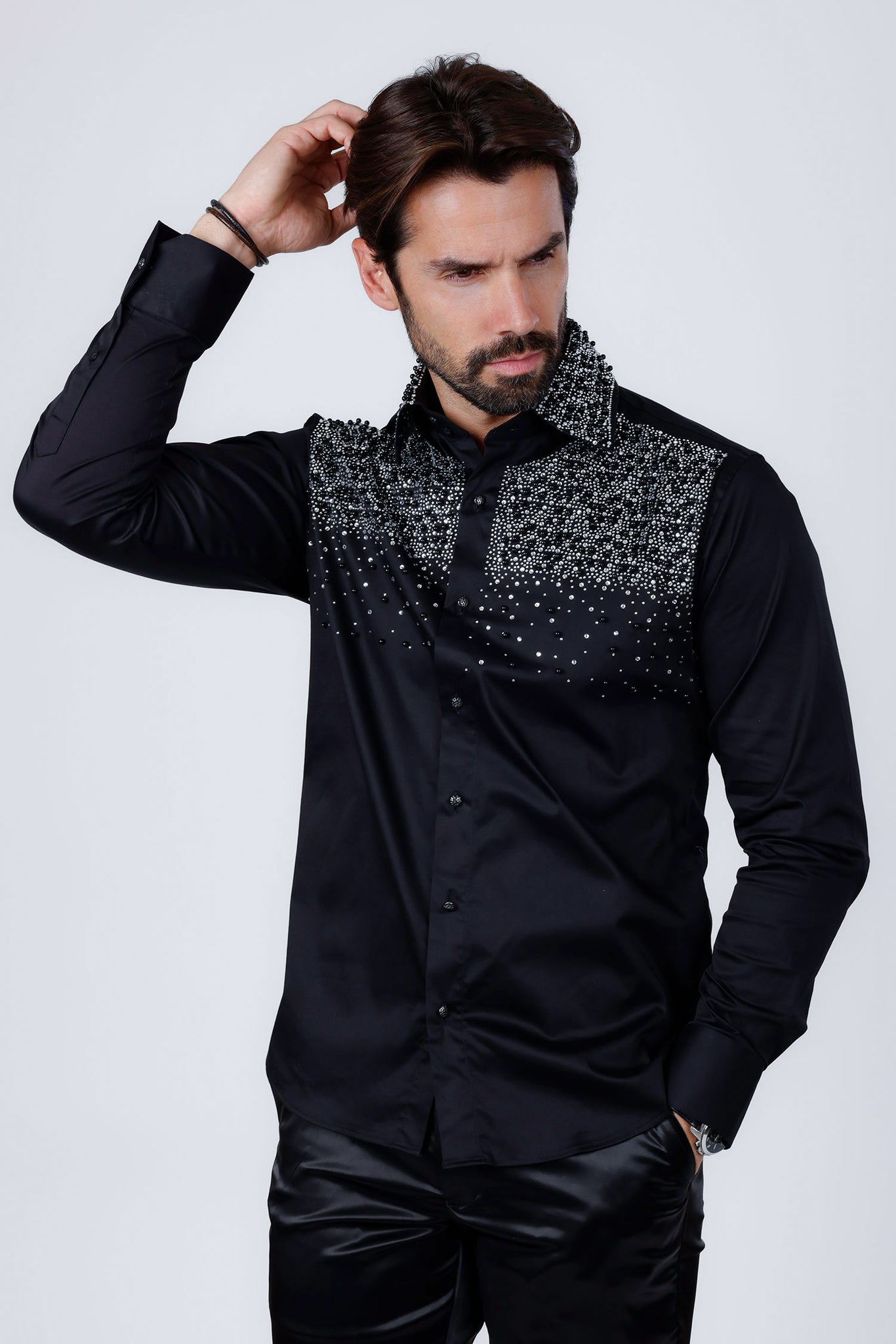 Barabas Wholesale Men's Rhinestones Pearls Button Down Long Sleeve Shirts 4BR413 Black