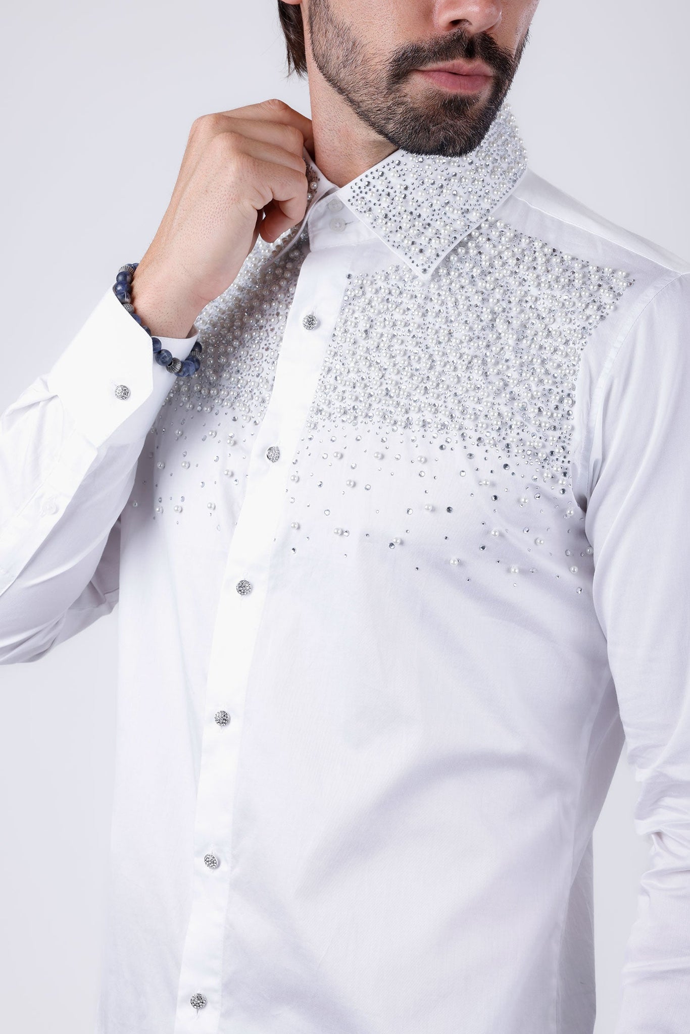 Barabas Wholesale Men's Rhinestones Pearls Button Down Long Sleeve Shirts 4BR413 White 