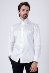 Barabas Wholesale Men's Rhinestones Pearls Button Down Long Sleeve Shirts 4BR413 White Silver