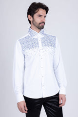 Barabas Wholesale Men's Rhinestones Pearls Button Down Long Sleeve Shirts 4BR413 White Blue