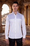 Barabas Wholesale Men's Rhinestones Pearls Button Down Long Sleeve Shirts 4BR413 White Blue