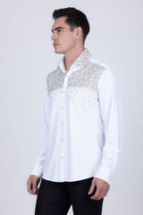 Barabas Wholesale Men's Rhinestones Pearls Button Down Long Sleeve Shirts 4BR413 White Gold