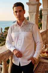 Barabas Wholesale Men's Rhinestones Pearls Button Down Long Sleeve Shirts 4BR413 White Gold