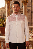 Barabas Wholesale Men's Rhinestones Pearls Button Down Long Sleeve Shirts 4BR413 White Red