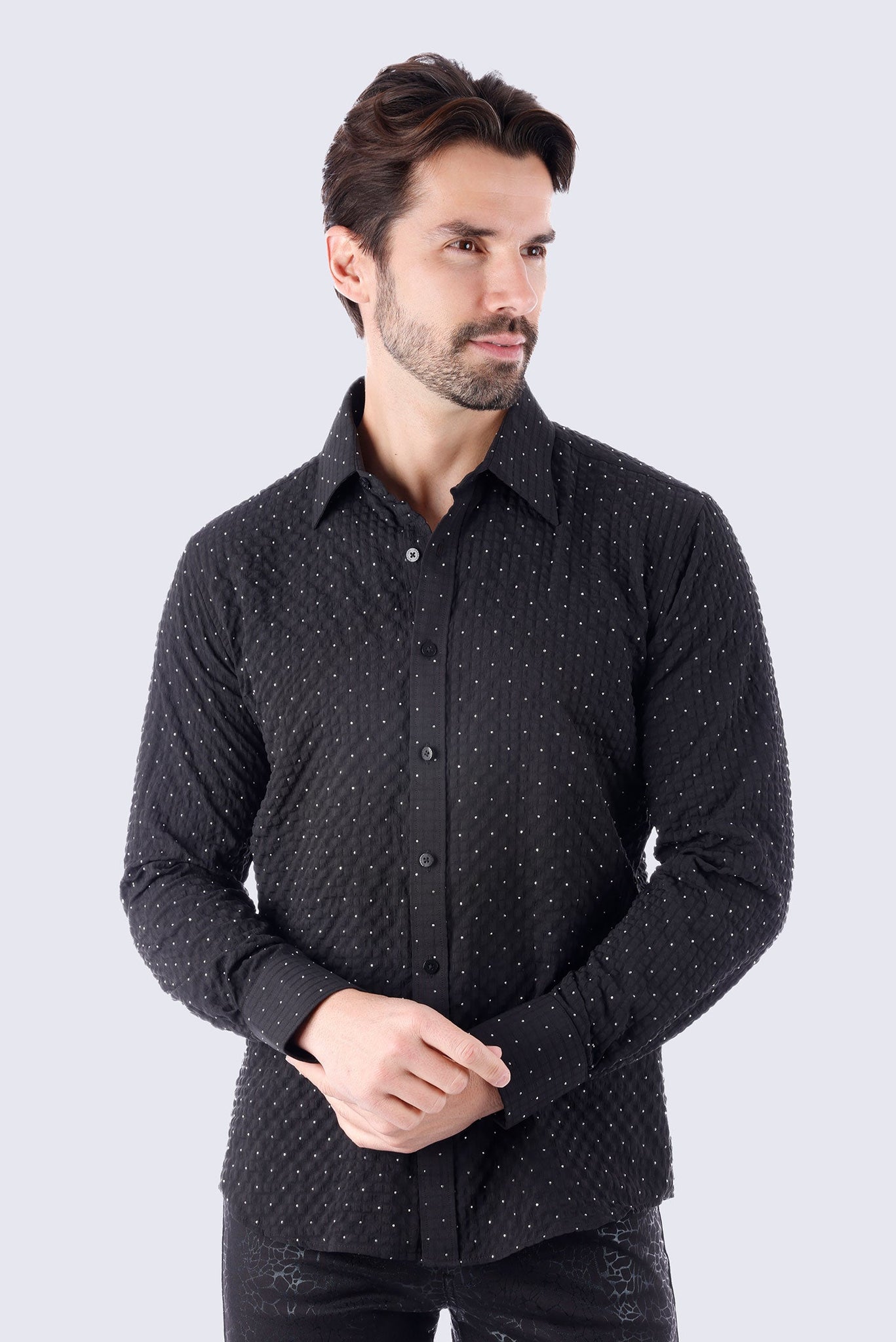 Barabas Wholesale Men's Rhinestones Button Down Long Sleeve Shirts 4BR58 Black
