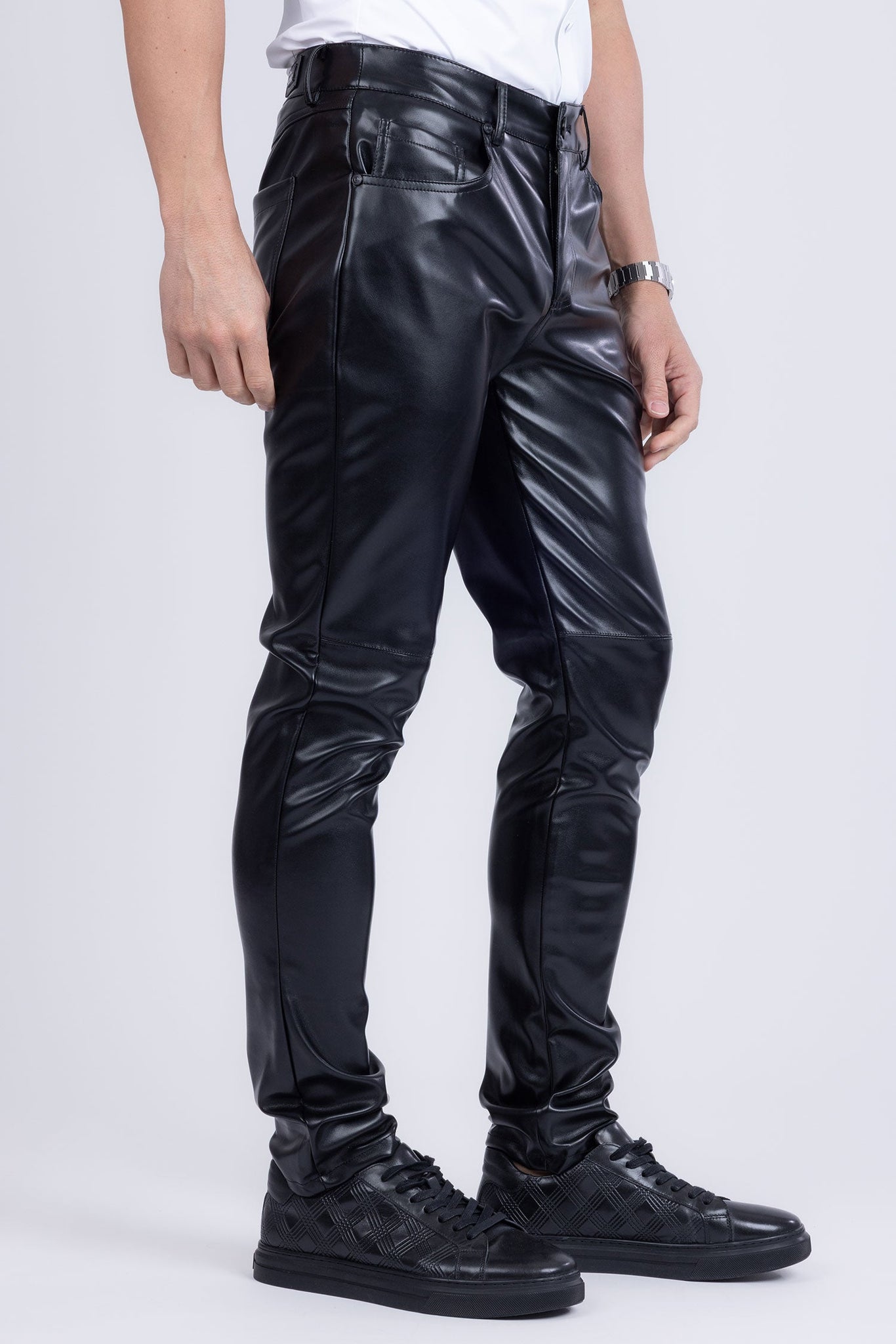 Barabas Wholesale Men's PU Leather Shiny Stretch Casual Pants 4CP100 Black