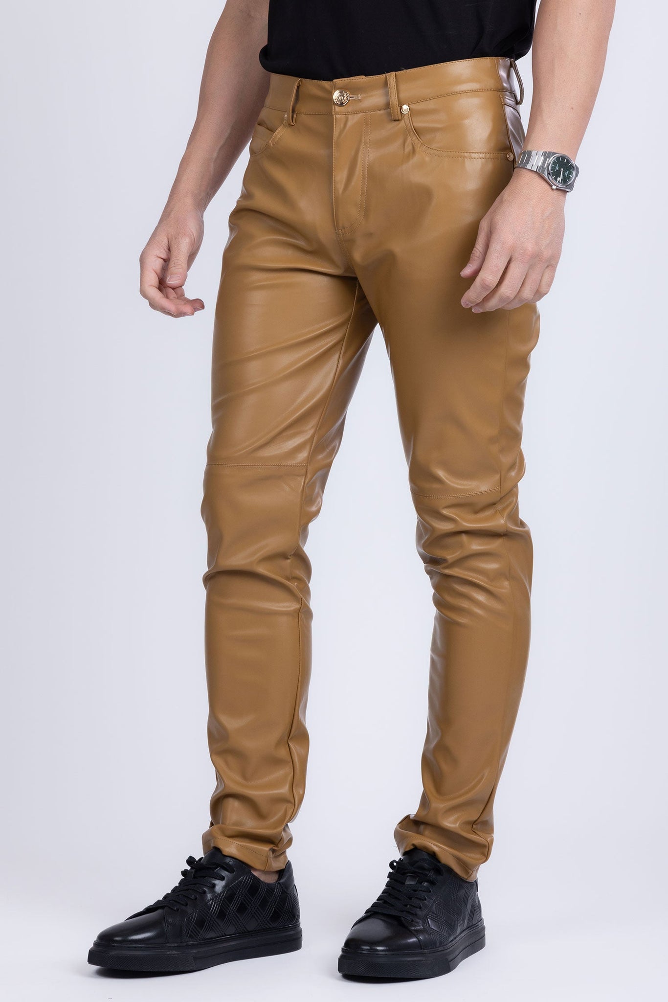 Barabas Wholesale Men's PU Leather Shiny Stretch Casual Pants 4CP100 Mustard