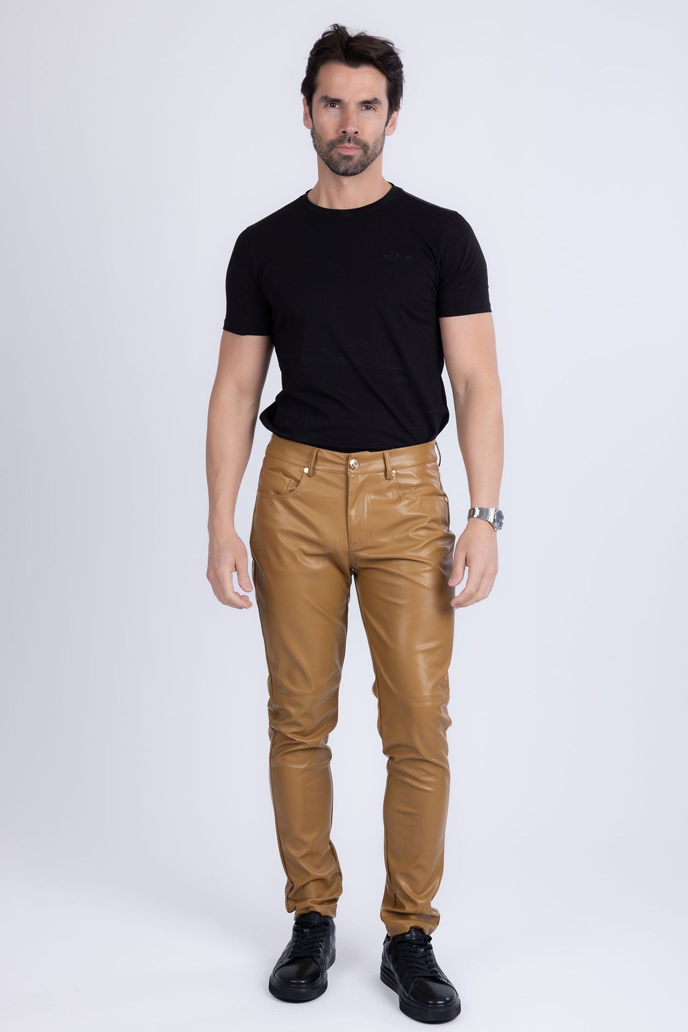 Barabas Wholesale Men's PU Leather Shiny Stretch Casual Pants 4CP100 Mustard