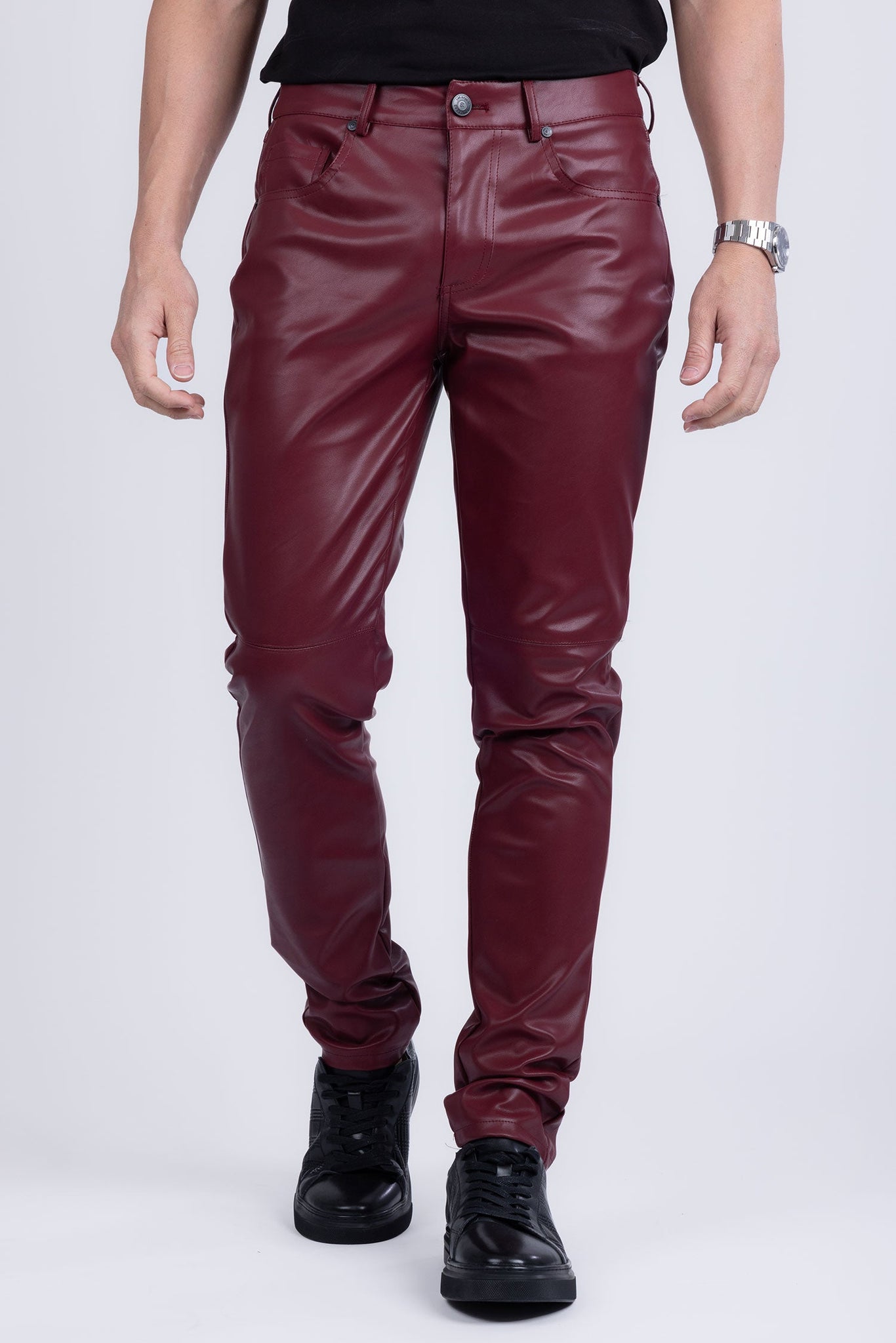 Barabas Wholesale Men's PU Leather Shiny Stretch Casual Pants 4CP100 Burgundy
