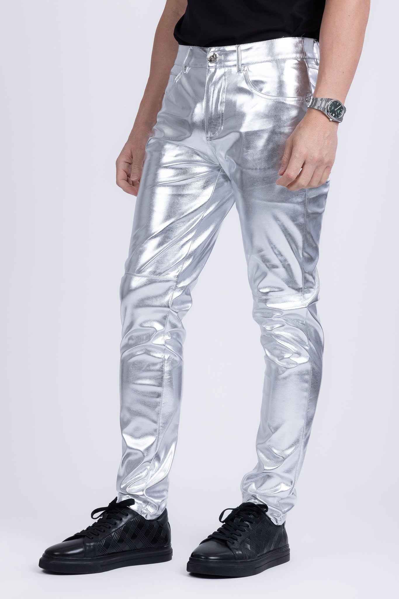 Barabas Wholesale Men's PU Leather Shiny Stretch Casual Pants 4CP100 Silver