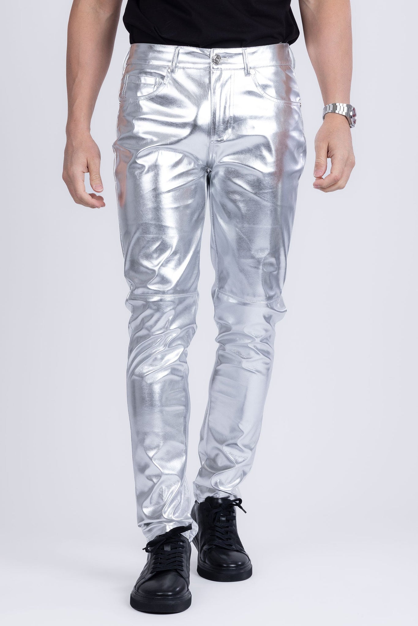 Barabas Wholesale Men's PU Leather Shiny Stretch Casual Pants 4CP100 Silver
