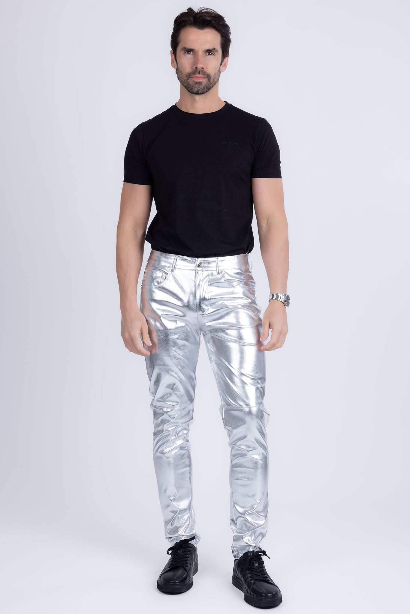 Barabas Wholesale Men's PU Leather Shiny Stretch Casual Pants 4CP100 Silver