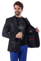 BARABAS Men's Jewels Studded Rhinestone Peak Lapel Blazer 4EBL35 Black