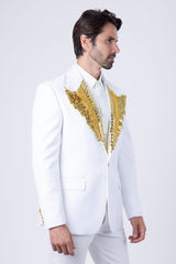 Barabas Wholesale Men's Pearls Gold Leaf Decorative Peak Lapel Blazer 4EBL45 White