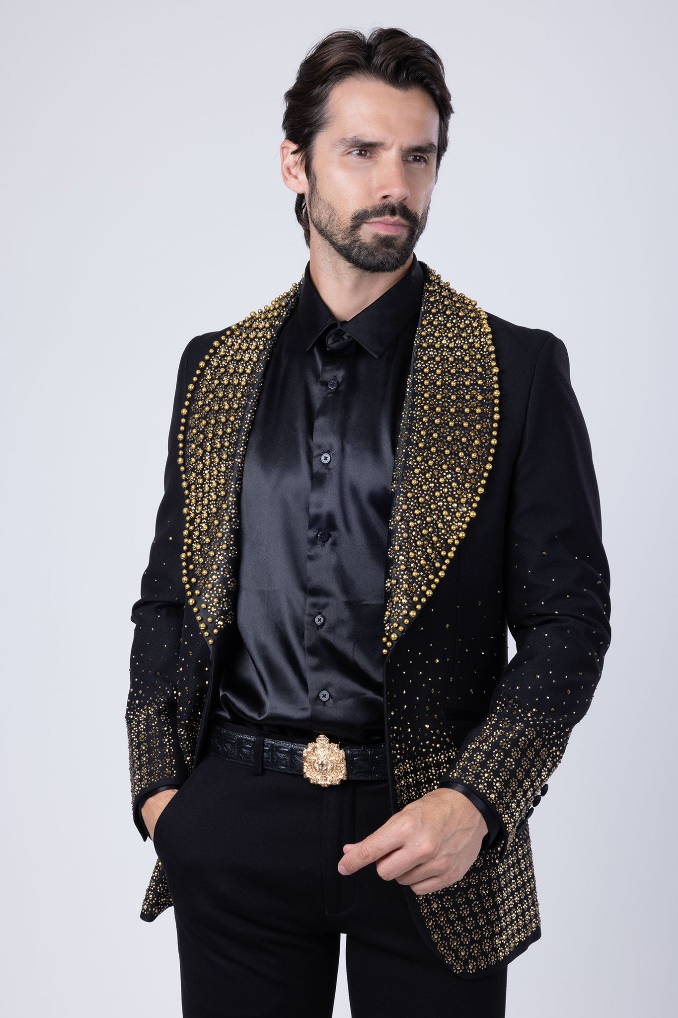 Barabas Wholesale Men's Rhinestone Studded Geometric Shawl Lapel Blazer 4EBL47 Black Gold