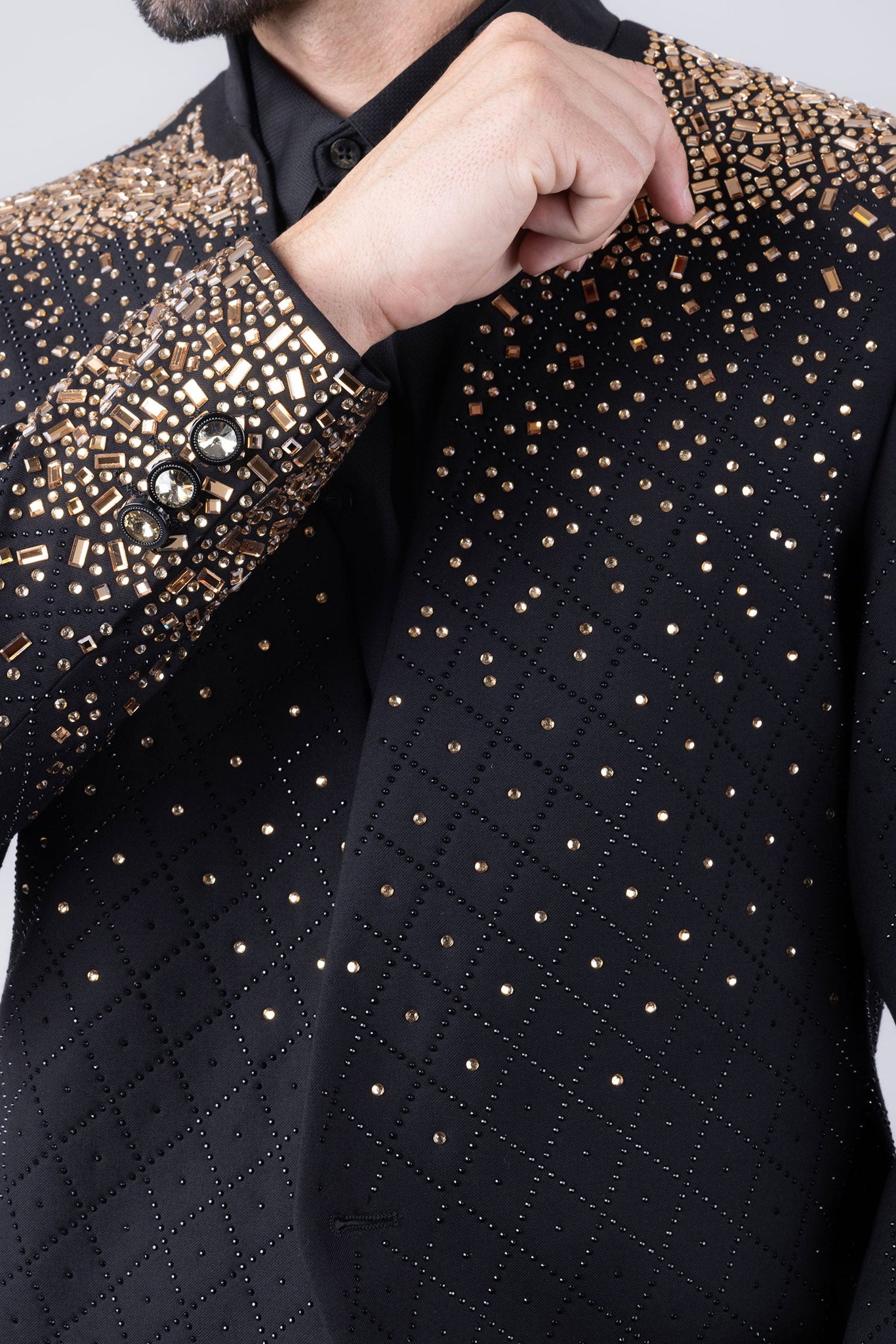 Barabas Wholesale Men's Geometric Pattern Rhinestone Henley Lapel Blazer 4EBL53 Gold